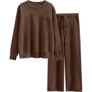 imageANRABESS Womens Fuzzy Fleece Pajama Sets 2 Piece Outfits Long Sleeve Top Wide Leg Pants Lounge Matching Set 2025 Fall WinterBrown
