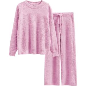imageANRABESS Womens Fuzzy Fleece Pajama Sets 2 Piece Outfits Long Sleeve Top Wide Leg Pants Lounge Matching Set 2025 Fall WinterPink