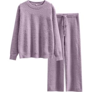 imageANRABESS Womens Fuzzy Fleece Pajama Sets 2 Piece Outfits Long Sleeve Top Wide Leg Pants Lounge Matching Set 2025 Fall WinterPurple