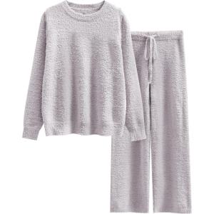 imageANRABESS Womens Fuzzy Fleece Pajama Sets 2 Piece Outfits Long Sleeve Top Wide Leg Pants Lounge Matching Set 2025 Fall WinterPurple Grey