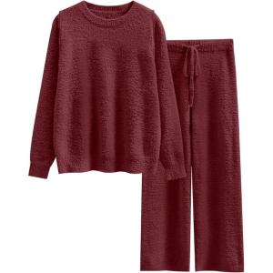 imageANRABESS Womens Fuzzy Fleece Pajama Sets 2 Piece Outfits Long Sleeve Top Wide Leg Pants Lounge Matching Set 2025 Fall WinterWine Red