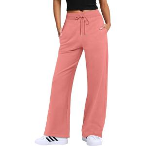 imageANRABESS Womens Wide Leg Pants High Waist Drawstring Sweatpants Joggers with PocketsCoral