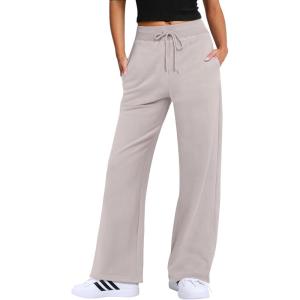 imageANRABESS Womens Wide Leg Pants High Waist Drawstring Sweatpants Joggers with PocketsHeather White