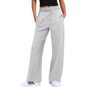 imageANRABESS Womens Wide Leg Pants High Waist Drawstring Sweatpants Joggers with PocketsLight Grey