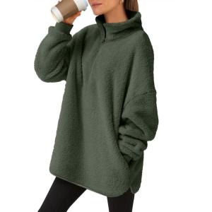 imageANRABESS Womens Sweatshirt Sherpa Fuzzy Fleece Zip Up Hoodies Cozy Pullover Soft Sweaters Tops 2025 Fall Trendy ClothesArmy Green