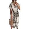 imageANRABESS Womens Summer Striped Midi Dress 2025 Casual Short Sleeve V Neck Loose Knitted Side Slit Long Beach Dresses Apricot Black Stripe Medium