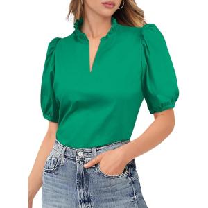 imageANRABESS Puff Short Sleeve Shirts for Women Dressy Casual Tops V Neck Ruffle Blouse 2025 Summer Trendy Clothes Green Medium