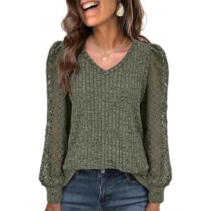 imageANRABESS Shirts for Women Lace Long Sleeve V Neck Tunic Tops Casual Loose Fit Blouses Lightweight Sweaters 2025 Fall ClothesDeep Green