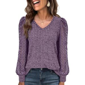 imageANRABESS Shirts for Women Lace Long Sleeve V Neck Tunic Tops Casual Loose Fit Blouses Lightweight Sweaters 2025 Fall ClothesPurple