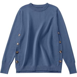 imageANRABESS Sweaters for Women 2025 Fall Long Sleeve Crewneck Knit Casual Loose Side Button Basic Pullover Tops Trendy OutfitsBlue