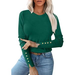imageANRABESS Sweaters for Women Long Sleeve Crewneck Fitted Business Casual Pullover Tops 2025 Fall Outfits with Button CuffGreen