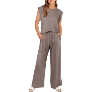 imageANRABESS Women 2 Piece Outfits Tank Top ampamp Palazzo Pants 2025 Summer Lounge Matching Sets Travel Vacation Beach ClothingLight Brown