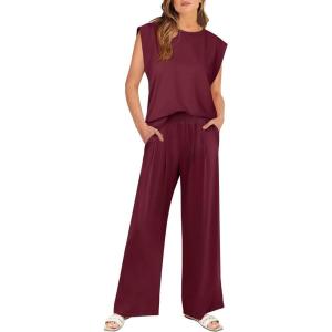 imageANRABESS Women 2 Piece Outfits Tank Top ampamp Palazzo Pants 2025 Summer Lounge Matching Sets Travel Vacation Beach ClothingWine Red