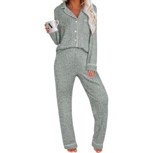 imageANRABESS Women Pajama Lounge Sets 2025 Fall 2 Piece Outfits Ribbed Long Sleeve Matching PJ Set Sleepwear LoungewearGreen