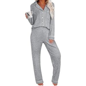 imageANRABESS Women Pajama Lounge Sets 2025 Fall 2 Piece Outfits Ribbed Long Sleeve Matching PJ Set Sleepwear LoungewearGrey