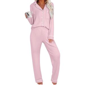 imageANRABESS Women Pajama Lounge Sets 2025 Fall 2 Piece Outfits Ribbed Long Sleeve Matching PJ Set Sleepwear LoungewearPink