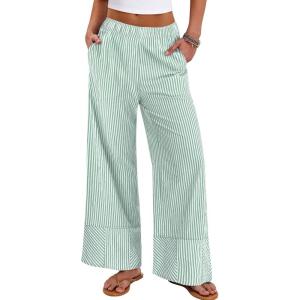 imageANRABESS Womens Gingham Striped Boxer Pants Pajama Lounge PJ Bottoms Plaid Wide Leg Casual Cute Fall Trousers with PocketsGreen White Stripe