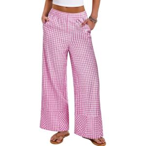 imageANRABESS Womens Gingham Striped Boxer Pants Pajama Lounge PJ Bottoms Plaid Wide Leg Casual Cute Fall Trousers with PocketsHot Pink White Plaid