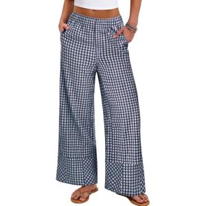 imageANRABESS Womens Gingham Striped Boxer Pants Pajama Lounge PJ Bottoms Plaid Wide Leg Casual Cute Fall Trousers with PocketsNavy Blue White Plaid