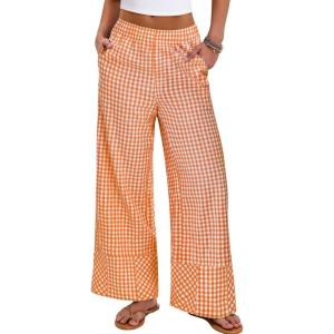 imageANRABESS Womens Gingham Striped Boxer Pants Pajama Lounge PJ Bottoms Plaid Wide Leg Casual Cute Fall Trousers with PocketsOrange White Plaid