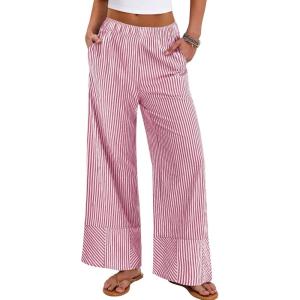 imageANRABESS Womens Gingham Striped Boxer Pants Pajama Lounge PJ Bottoms Plaid Wide Leg Casual Cute Fall Trousers with PocketsRed White Stripe