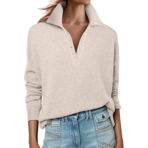 imageANRABESS Womens Long Sleeve Polo Sweaters Knit Button Shirt Lightweight Dressy Casual Basic Pullover Tops 2025 Fall FashionAlmond