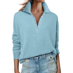 imageANRABESS Womens Long Sleeve Polo Sweaters Knit Button Shirt Lightweight Dressy Casual Basic Pullover Tops 2025 Fall FashionLight Blue