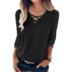 imageANRABESS Womens Long Sleeve Shirts V Neck Criss Cross Loose Fit Tops 2025 Fall Trendy Tees Dressy Casual Blouses TShirtsBlack