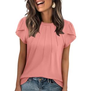 imageANRABESS Womens Short Sleeve Tops Summer Dressy Casual Business Crewneck Pleated Work Shirts Coral Medium