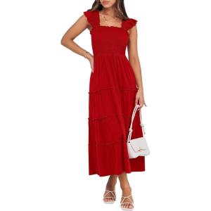 imageANRABESS Womens Smocked Maxi Dress Summer Casual Ruffle Square Neck Boho Ruffle Flowy Aline Beach Sundress with Pockets Red