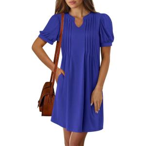 imageANRABESS Womens Summer Puff Short Sleeve Casual V Neck Mini Dresses 2025 Spring Pleated TShirt Tunic Beach Short Dress Royal Blue Medium