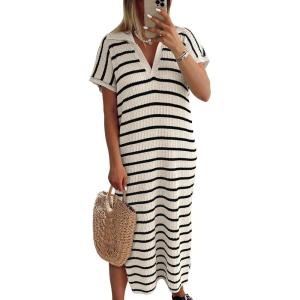 imageANRABESS Womens Summer Striped Midi Dress 2025 Casual Short Sleeve V Neck Loose Knitted Side Slit Long Beach Dresses Apricot Black Stripe Medium