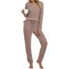 imageANRABESS Womens Lounge Set 2025 Fall 2 Piece Outfit Long Sleeve Pajamas Sets Henley Top ampamp Pants Loungewear ClothingTan