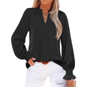 imageANRABESS Blouse for Women Dressy Casual Puff Long Sleeve Shirts V Neck Satin Business Casual Work Tops 2025 Fall OutfitsBlack