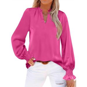 imageANRABESS Blouse for Women Dressy Casual Puff Long Sleeve Shirts V Neck Satin Business Casual Work Tops 2025 Fall OutfitsHot Pink
