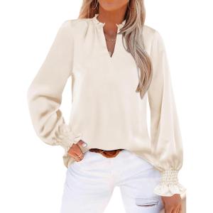 imageANRABESS Blouse for Women Dressy Casual Puff Long Sleeve Shirts V Neck Satin Business Casual Work Tops 2025 Fall OutfitsParchment