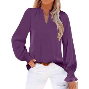imageANRABESS Blouse for Women Dressy Casual Puff Long Sleeve Shirts V Neck Satin Business Casual Work Tops 2025 Fall OutfitsPurple