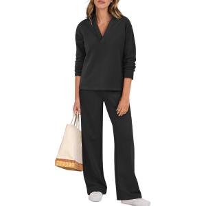 imageANRABESS Lounge Sets for Women 2 Piece Outfits Sweatsuit Set Fall V Neck Sweatshirts Wide Leg Pants TracksuitsBlack