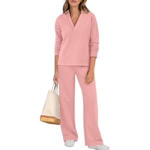 imageANRABESS Lounge Sets for Women 2 Piece Outfits Sweatsuit Set Fall V Neck Sweatshirts Wide Leg Pants TracksuitsPink