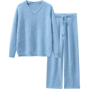 imageANRABESS Lounge Sets for Women Fuzzy Fleece Pajama Sets 2 Piece Outfits Cozy Sweater Matching Set 2025 Fall Winter LoungewearBlue