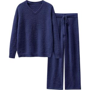 imageANRABESS Lounge Sets for Women Fuzzy Fleece Pajama Sets 2 Piece Outfits Cozy Sweater Matching Set 2025 Fall Winter LoungewearNavy Blue