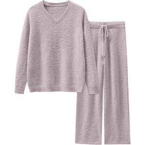 imageANRABESS Lounge Sets for Women Fuzzy Fleece Pajama Sets 2 Piece Outfits Cozy Sweater Matching Set 2025 Fall Winter LoungewearSilver Grey