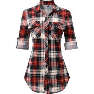 imageANRABESS Plaid Button Down Shirts for Women Long Sleeve Roll Up Checkered Blouse Tops 2025 Fall OutfitsHaute Red