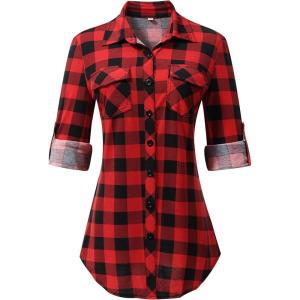 imageANRABESS Plaid Button Down Shirts for Women Long Sleeve Roll Up Checkered Blouse Tops 2025 Fall OutfitsRed Plaid