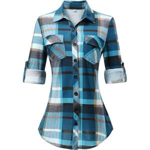 imageANRABESS Plaid Button Down Shirts for Women Long Sleeve Roll Up Checkered Blouse Tops 2025 Fall OutfitsTurquoise Plaid