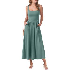 imageANRABESS Sundresses for Women 2025 Summer Casual Sleeveless Square Neck Smocked Flowy Beach Vacation Midi Dress with PocketsGreen