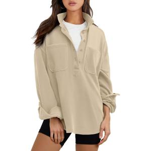 imageANRABESS Sweatshirt for Women Oversized Casual Long Sleeve Side Slit Button Lapel Polo Pullover Tunic Tops 2025 Fall OutfitsKhaki