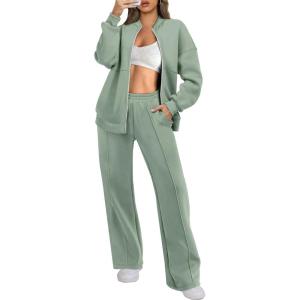 imageANRABESS Women 2 Piece Outfits Lounge Set Oversized Zip Up Sweatshirt Jacket Sweatpant Matching Sweat Sets Winter SweatsuitsLight Green