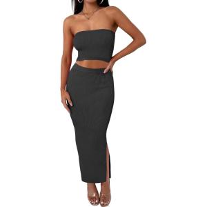 imageANRABESS Women 2 Piece Outfits Maxi Skirt Sets 2025 Summer Ribbed Knit Tube Crop Tops Sexy Bodycon Side Slit Going Out Dress Solid Black Medium
