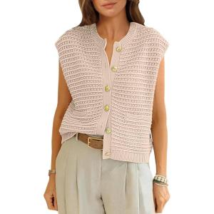 imageANRABESS Women Sweater Vests Sleeveless Cardigan Casual Loose Knit Button Down Sweater Tops 2025 Spring Summer Trendy Outfits Beige Small